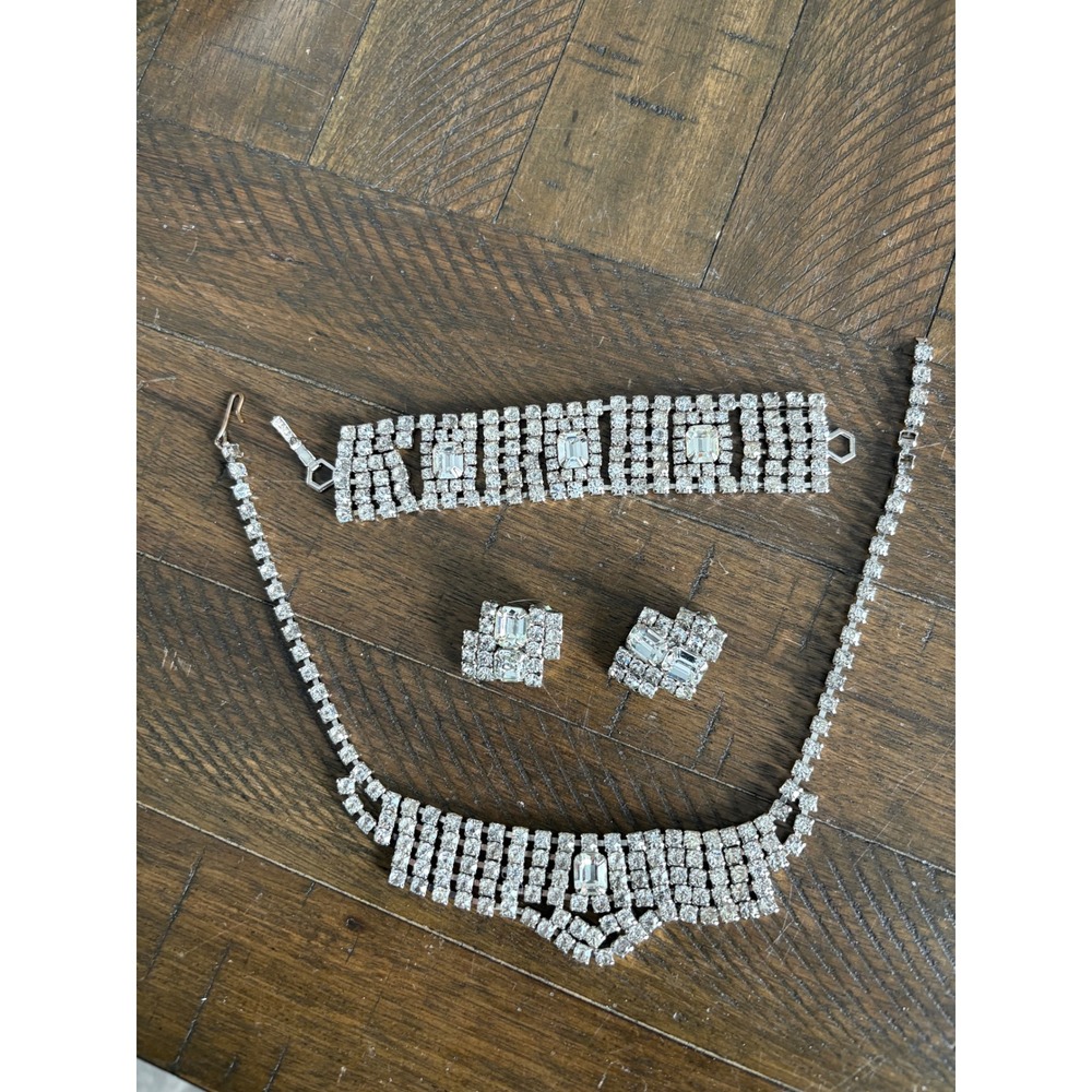VTG‎ Rhinestone Choker Necklace Bracelet Earring set Clear Luxury Holiday Glam